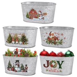 Putuo Decor Christmas Metal Buckets, 5 Pieces Christmas Tin Pots Small Christmas Decorations Oval Pots, Galvanized Beverage Tubs Small Pails for Party Home Table Centerpieces Storage Decor 9in