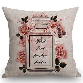 Swono Fashion Floral Throw Pillow Cover Pink Perfume Glass Bottle and Roses in Watercolor Style Farmhouse Cushion Case for Sofa Couch 18x18 Inches Cotton Linen
