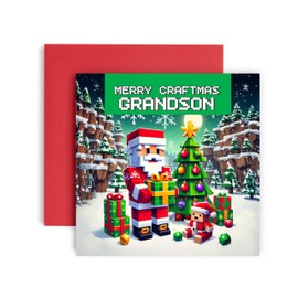 Huxters Cool Christmas Card for Grandson – Computer Game Scene – Merry Craftmass for Him and Men - Grandson Uncle Brother Son Card - 14.8cm (Grandson)