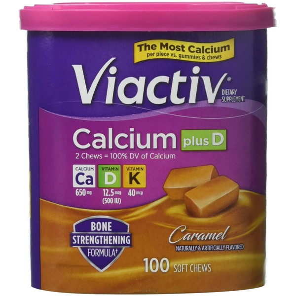 Viactiv Calcium Plus Vit D+K Soft Chews, Caramel,100 ct Pack of 2