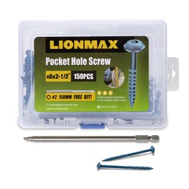 LIONMAX #8 x 2-1/2 Inch Pocket Hole Screws Exterior, 195 PCS Pocket Wood Screws with Coarse Thread, Blue Coated, for Outdoor Use, Self Tapping, 150MM Drive Bit Included