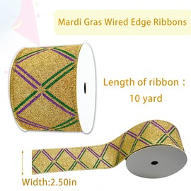 Mardi Gras Wired Edge Ribbons 2.5" 10 Yards, Gold Glitter Wired Edge Burlap Ribbon Purple Green Stripe Wrapping Ribbon for Mardi Gras Carnival Party Wrapping DIY Craft Decoration Wreaths Bow