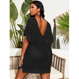 SOLY HUX Women's Plus Size Casual Summer Short Sleeve Cover Up Hollow Out Split Swimsuit Bikini Beach Dress Black Plain 1XL