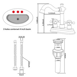 Bathroom Faucet Antique Brass GGStudy 2 Handles 4 Inches Centerset RV Bathroom Vanity Faucet with Drain Assembly and Supply Hose Lavatory Faucet Mixer Double Handle Tap