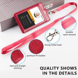 Teskyer Badge Holder with Lanyard, Leather ID Name Badge Card Holder with Lanyard for ID Badges, Vertical Wine Red