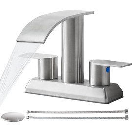 IKEBANA Brushed Nickel Waterfall Bathroom Faucet,2 Handle Stainless Steel 4 inch Bathroom Sink Faucet Modern Waterfall Spout Faucets Lead-Free Faucets with Supply Hoses and Pop-up Drain, IK-ZT2317L