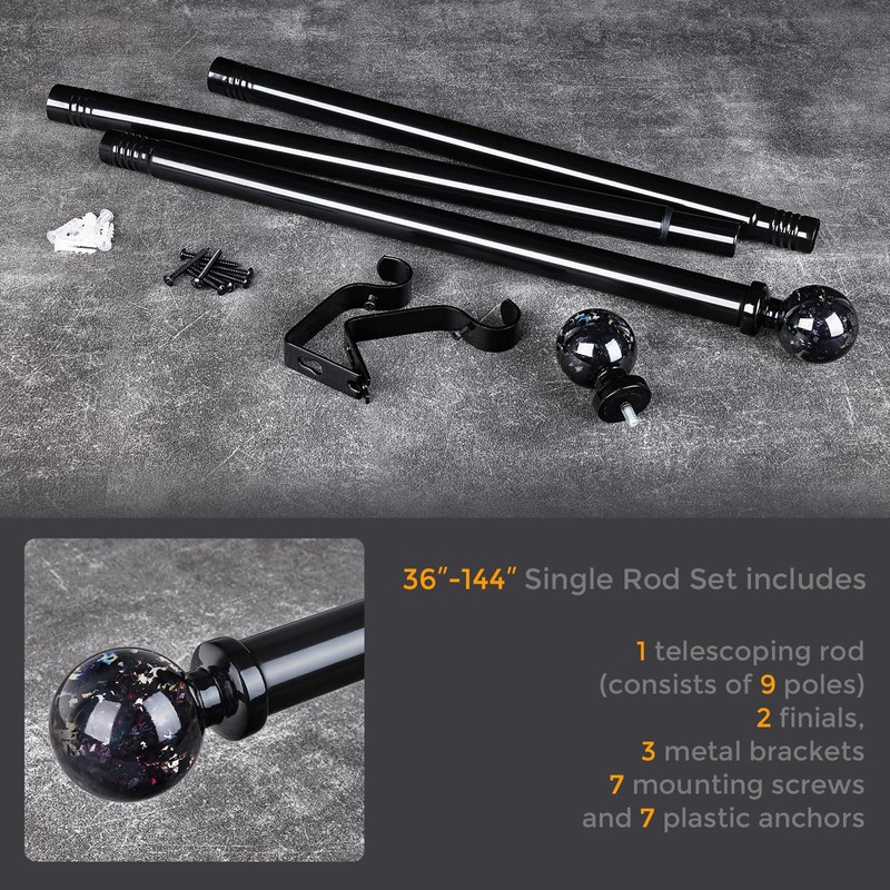 Black Curtain Rods for Windows 72 to 144 Inch, 1''