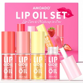AMOADO Lip Oil, Tinted Lip Glow Oil – Hydrating & Nourishing, Lip Oils Gift Set, Fruity Lip Oil Gloss Non-Sticky & Glossy Finish, 4 Colors Lip Oils Stain for Girls and Women - Party Favor