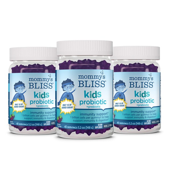Mommy's Bliss Kids Probiotic + Prebiotic Gummies, Supports Immunity & Digestion for Kids 2 Years+, Less Sugar, Yummy Berry Flavor, 45 Count (Pack of 3)
