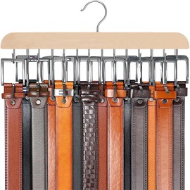 2 Pcs Natural Wooden Belt Hanger with 14 Rotatable Hooks - Space-Saving Closet Organizer for Belts, Ties, and More (Wood Color)