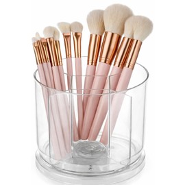 SSYYGET 360° Rotating Makeup Brush Holder Organizer, Clear Spinning Pen & Pencil Holder for Desk, Countertop Vanity Storage Cup with 5 Slots, Round Cosmetic Brush Stand