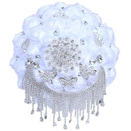 Ramo de Novia Blanco de Boda de Lujo con Broches de Diamantes de Imitación Plateados para Novia Dama de Honor Quinceañera Ramo de Flores Artificiales de Rosa de Satén Boda Blanco 24.1 cm