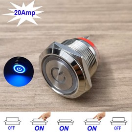 Gebildet 19mm Latching Stainless Steel Push Button Switch Waterproof 4 pin SPST Switch Short Type Push Button 20A/12-24V Blue LED