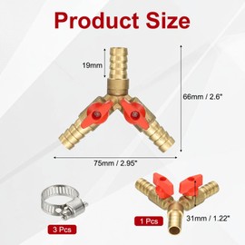 PATIKIL 3 Way Shut Off Ball Valve, 4/9" Y Shaped 3 Way Brass Garden Hose Barb Splitter Line Sprayer Parts Coolant Hose Valve Fitting with 2 Red Switch for Gas Fuel Oxygen, 1 Set