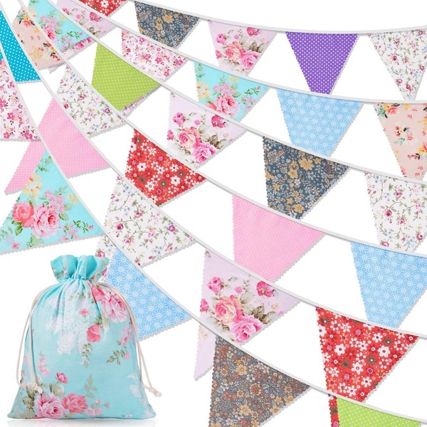 Orifinter 45.9ft Fabric Bunting, 46 Flags Vintage Bunting Banner + Drawstring Bag, Bunting Flags, Festival Bunting, Reusable Floral Bunting for Afternoon Tea, Birthday, Garden Party