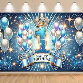 Blue Glitter Boy 1st Birthday Party Photography Background Crown One Years Old Balloons Backdrop Blue Newborn Boys First Birthday Decoration Backdrop A Little Prince Party Backdrop Banner (5x3ft)