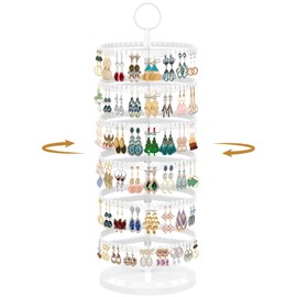 MODOWEY 6 Tier Rotating Earring Holder Organizer, Adjustable Metal & Plastic Stand Tree with 342 Grooves for Stud Hoop Pierced Dangle Display, Decluttered & Space-Saving Storage Rack for Women, White