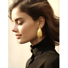 FOCALOOK Chunky Gold Teardrop Hoop Earrings - Lightweight Hypoallergenic Water Drop Hoops Earring, Gold Plated Statement Trendy Jewelry for Women