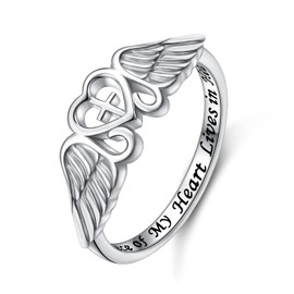 FLYOW S925 Sterling Silver A Piece of My Heart Lives in Heaven Angel Wing Ring for Women Jewelry Memory of Mom Dad Grandma Grandpa Husband Loss Memorial Gift, Size 8