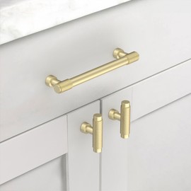 9BUILD 10 Pack Brushed Gold Cabinet Handles 128MM Hole Centers Knurled Kitchen Cabinet Handles Drawer Handles Kitchen Cupboard Handles UK0056