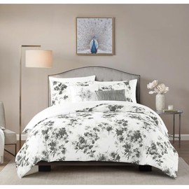 HNU 5-Piece Elegant Floral Comforter Set King Size | Traditional Contemporary Coquette Bedding | Ash Coconut White Cloud Slate Grey Colors | Botanical Classic Unique Pretty Beautiful Stunning Design