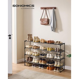 SONGMICS Shoe Rack, 4-Tier Shoe Organizer, Metal Storage Shelf, Upright or Upside Down, for 25-30 Pairs, Stackable, for Entryway, 11.8 x 46.1 x 29.5 Inches, Black ULSA034B01
