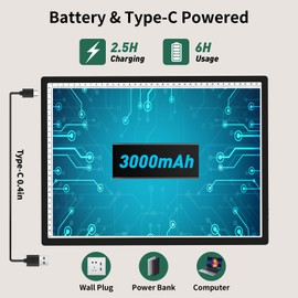 HIUKCOLED A3 Built-in Tilt Stand Light Tracing Box, 6-level＆Stepless Dimmable Adjustable Brightness Light Pad with 3 Colors,Battery Powered LED Light Bored for Drawing,Diamond Painting,Sketching,X-Ray
