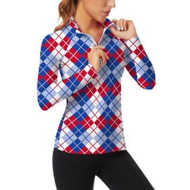 Women's Long Sleeve Golf Shirts Sun Protection Workout Pullover 3/4 Zip Sweatshirt Athletic Running Top (Red&Blue&White Argyle-054,Medium)