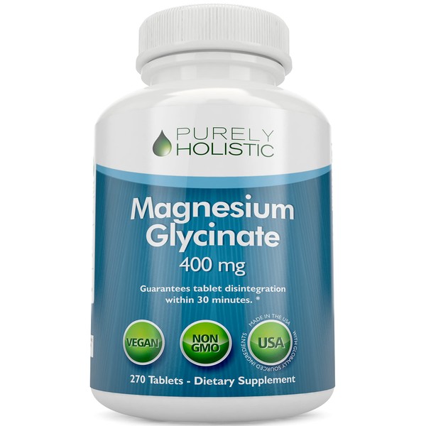 Purely Holistic Magnesium Glycinate 400mg - 270 Magnesium Tablets - 400 mg Elemental Magnesium - Highly Bioavailable - Vegan and Vegetarian - for Improved Sleep, Stress Relief & Cramp Defense