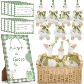 One Silly Goose Birthday Decoration 10 Sets 12 Inch Soft Goose Stuffed Animal Hat Adoption Cards with Wood Table Decor Adopt Birthday Gifts(Green)