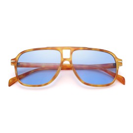 COASION Retro Pilot Sunglasses for Women Men Classic Rectangular Double Bridge Glasses Plus Size 70s Vintage Eyewear UV400 Protection, Tortoiseshell Frame / Blue Tinted Lenses
