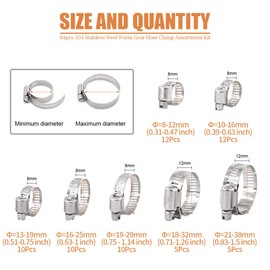 Keadic 64Pcs Adjustable [8 to 38mm] Diameter Range Fuel Line Clips Worm Gear Hose Clamp Assortment Kit for Various Pipes Automotive Mechanical Use - 304 Stainless Steel