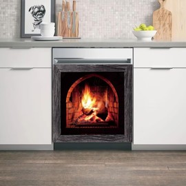 Rustic Fireplace Wood Grain Pattern Dishwasher Magnet Sticker Kitchen Decoration, Christmas Fridge Front Door Magnetic Panel Decal, Country Winter Decor Home Appliance Vinyl Cover, 23x26 Inch