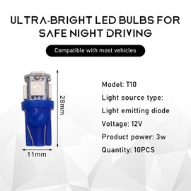povtii 10PCS Car LED Light Bulb, Super Bright T10 5050 LED Auto Interior Light Bulb, Led Bulb Replacement for Dashboard Dome Map Door License Plate Lights, Lighting Car Accessories (Blue)