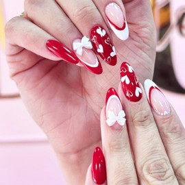 Medium Almond Valentines Press on Nails 3D White Bow Tie Stick on Nails Glossy Red French Tips False Nails Love Heart Acrylic Fake Nail Romantic Gift Gel Glue on Nails for Coquette Women Girls 24Pcs