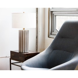 Lawrence & Scott Naomi Gray Porcelain Handmade Luxury Japandi Table Lamp for Living Room Bedroom Office with Custom Textured Linen Lampshade