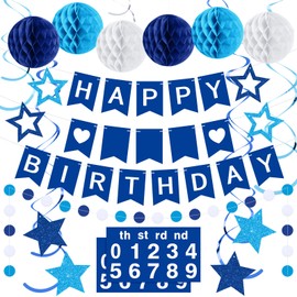 Dispowreath DIY Happy Birthday Party Decorations Pack Reusable Happy Birthday Banner with 6 Honeycomb Balls 8 Hanging Swirl Streamers 8 Glitter Stars and Circle Garland for Birthday(Blue White)