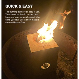 Burning BLOX Campfire Bonfire Firewood – Easy Light – Easy Clean-Up – Great for Camping, Beach and Cooking – Burns from Inside Out – 8” x 8” X 8” – Burns 2 Hours - Bonus 2 Fatwood Starters – Qty 4