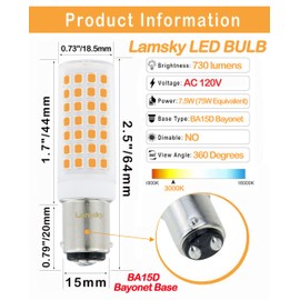 Lamsky 6-Pack Ba15d LED Bulb 7.5W Warm White 3000K 120V,75W 80W Halogen Equivalent,B15 Double Contact Bayonet Base Sewing Machine Bulb,JD Type T3/T4 Halogen Bulb Replacement,Not Dimmable