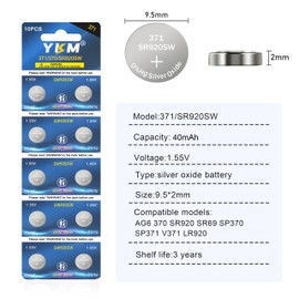 YKM 10 Pack 371 SR920SW Watch Battery AG6 370 371 Button Coin Cell Long Lasting 1.55V Silver Oxide Batteries