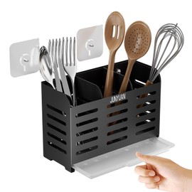 junyuan Kitchen Utensil Holder for countertop with 3 Compartments,Wall Mount Utensil Drying Racks,Self Adhesive Utensil Caddy with Drain Tray, Black Metal Flatware & Utensil Storage (3-Slots)