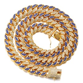 Halukakah Diamond Cuban Link for Men,14MM FUJI Men's Gold Chain Iced Out Miami 18k Real Gold Plated Choker Necklace 30",Full Diamonds Blue&Clear Prong Set,Gift for Him, Metal, Cubic Zirconia