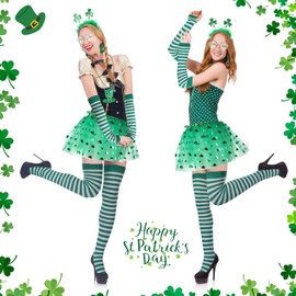 Newcotte 9 Pieces St. Patrick's Day Costume Accessories Set Shamrock Tutu Tulle Skirt Knee Socks Arm Warmer Shamrock Temporary Headband Green Glasses Irish Decorations Party Favor for Women Girls
