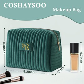 COSHAYSOO Travel Makeup Bag Quilted Make Up Pouch Initial Cosmetic Case for Women Hair Eyebrow Eyeshadow Brushes Powder Foundation Blush Bronzer Contour Palette Items Organizer Green Letter R