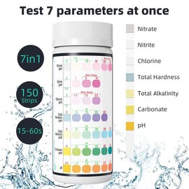EASYTEST 7 in 1 Aquarium Test Strips, 150 Strip Pack Aquarium Water Test Kit for Freshwater, Fish Tank, Fish Pond,Accurate Testing Total Hardness,Carbonate Nitrate, Nitrite, Cl2, pH，Alkalinity