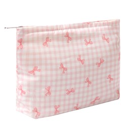 Aesthetic Makeup Bag Cosmetic Bags for Women and Girls, Large Capacity Canvas Travel Makeup Organizer Bag Zipper Pouch (Check bow pink)