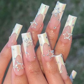 French Tip Press on Nails Long Square Fake Nails White Chrome False Nails with 3D Star Rhinestone Design Glossy Full Cover Acrylic Glue on Nails Reusable Artificial Stick on Nails for Women 24Pcs
