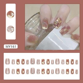 EYZOTSF Press on Nails Short Square Shaped Acrylic Extra Short Length Square False Nails with Designs Artificial Fake Nail with Charms Glue Stick ons Fingernails for Women Girls(MY161)
