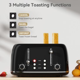 Toaster 4 Slice, Retro Stainless Toaster with 6 Bread Shade Settings,1.5''Wide Slots with Cancel/Defrost/Reheat Functions,Dual Independent Control Panel, Removal Crumb Tray (Black)