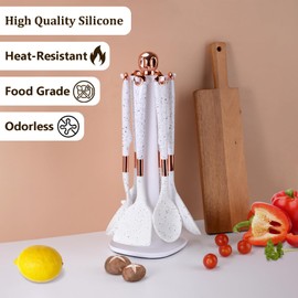 7 Pieces Kitchen Utensils Set with Rotating Stand, Food Grade Silicone Cooking Utensils Set with marble printting handle, Flexible Heat Resistant Spatula Turner Set for Nonstick Cookware (White)